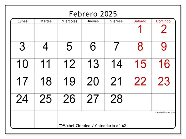 Calendario para imprimir n° 62, febrero de 2025