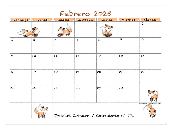 Calendario para imprimir n° 771, febrero de 2025