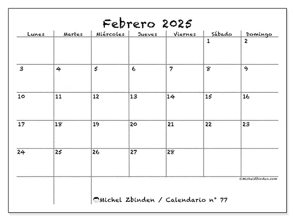 Calendario para imprimir n° 77, febrero de 2025