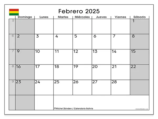 Calendario para imprimir Bolivia, febrero de 2025