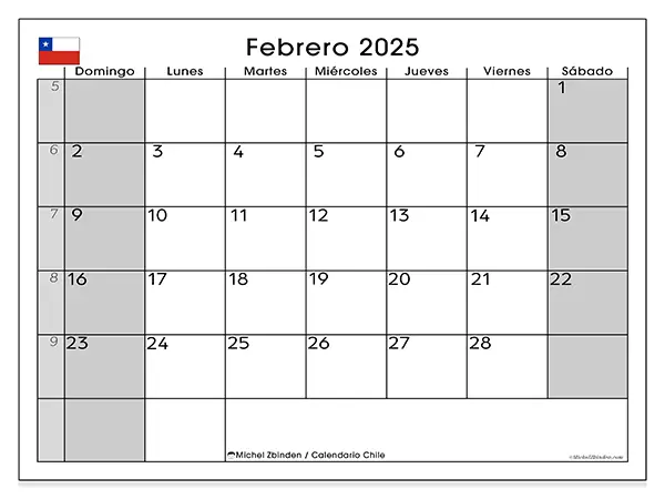 Calendario Chile para imprimir gratis de febrero de 2025. Semana: De domingo a sábado.
