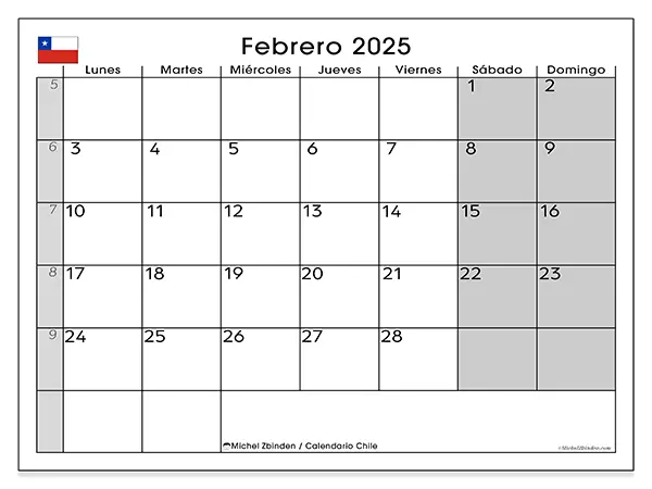Calendario Chile para imprimir gratis de febrero de 2025. Semana: De lunes a domingo.