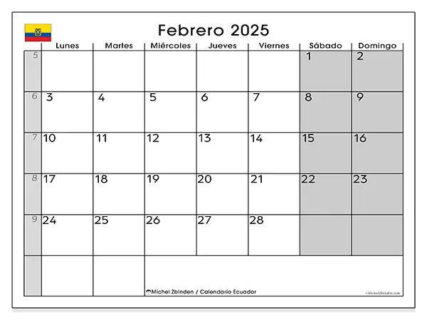 Calendario Ecuador para imprimir gratis de febrero de 2025. Semana: De lunes a domingo.