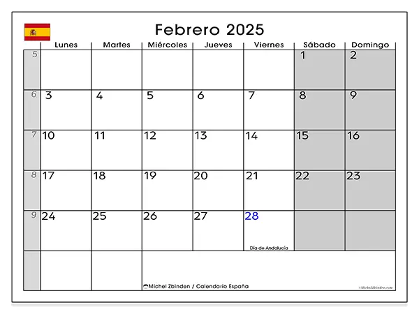 Calendario para imprimir España, febrero de 2025