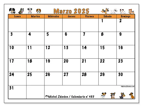 Calendario para imprimir n° 485, marzo de 2025