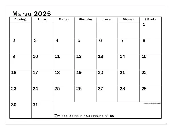 Calendario para imprimir n° 50, marzo de 2025