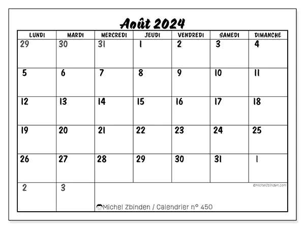 Calendrier n° 450 pour août 2024 à imprimer gratuit. Semaine : Lundi à dimanche.