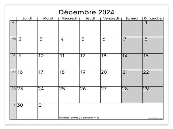 Calendrier n° 43 pour décembre 2024 à imprimer gratuit. Semaine : Lundi à dimanche.