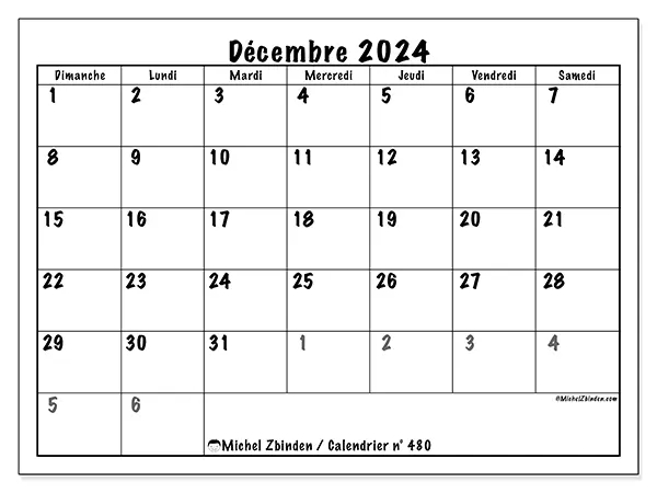Calendrier n° 480 pour décembre 2024 à imprimer gratuit. Semaine : Dimanche à samedi.