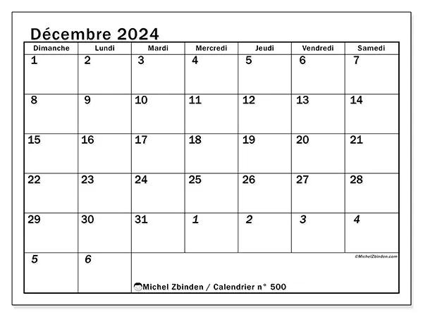 Calendrier n° 500 pour décembre 2024 à imprimer gratuit. Semaine : Dimanche à samedi.