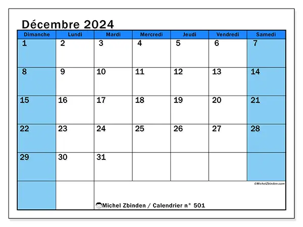 Calendrier n° 501 pour décembre 2024 à imprimer gratuit. Semaine : Dimanche à samedi.