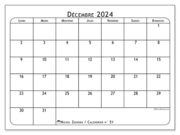 Calendrier n° 51 pour décembre 2024 à imprimer gratuit. Semaine : Lundi à dimanche.
