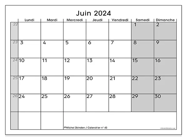 Calendrier n° 43 pour juin 2024 à imprimer gratuit. Semaine : Lundi à dimanche.