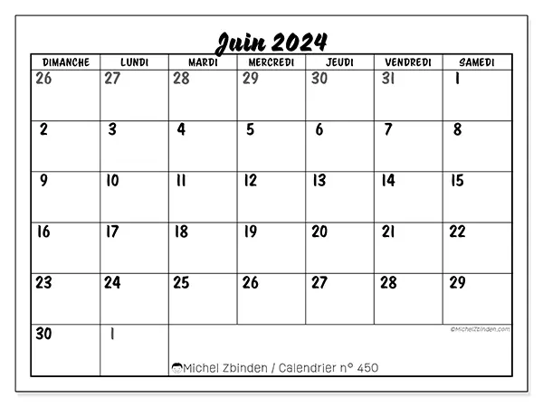 Calendrier n° 450 pour juin 2024 à imprimer gratuit. Semaine : Dimanche à samedi.