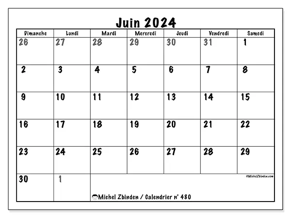 Calendrier n° 480 pour juin 2024 à imprimer gratuit. Semaine : Dimanche à samedi.