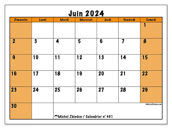 Calendrier n° 481 pour juin 2024 à imprimer gratuit. Semaine : Dimanche à samedi.