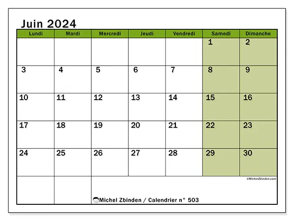 Calendrier n° 503 à imprimer pour juin 2024.