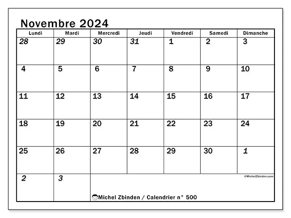 Calendrier n° 500 pour novembre 2024 à imprimer gratuit. Semaine : Lundi à dimanche.