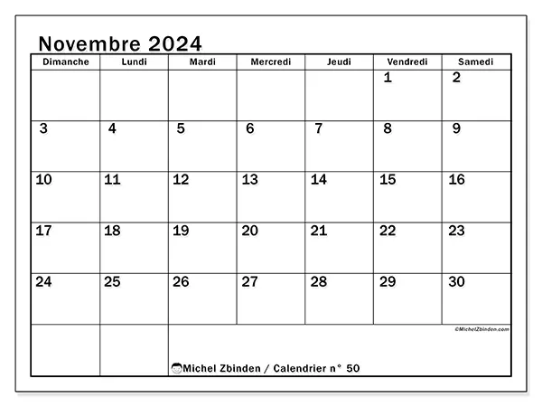 Calendrier à imprimer n° 50, novembre 2024