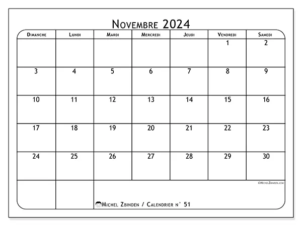 Calendrier n° 51 pour novembre 2024 à imprimer gratuit. Semaine : Dimanche à samedi.