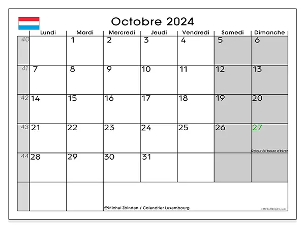 Calendrier à imprimer Luxembourg, octobre 2024