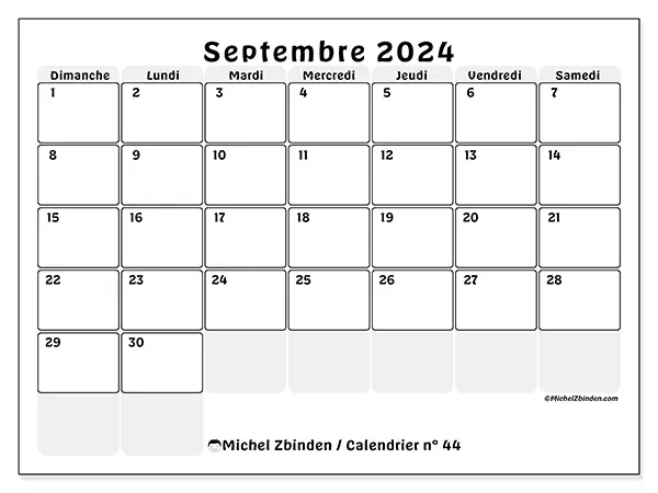 Calendrier n° 44 pour septembre 2024 à imprimer gratuit. Semaine : Dimanche à samedi.