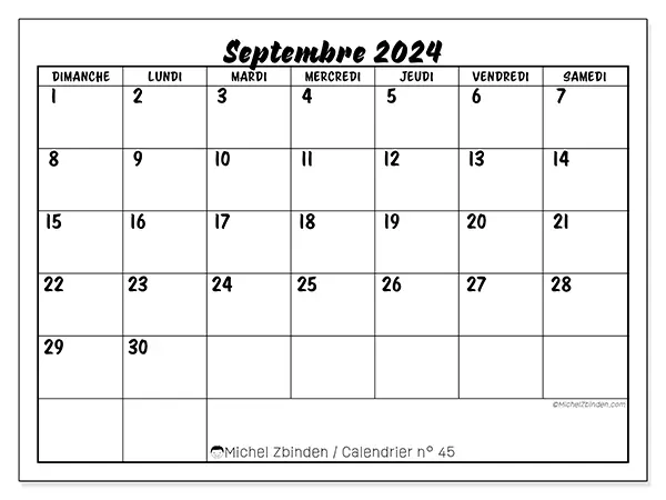 Calendrier à imprimer n° 45, septembre 2024