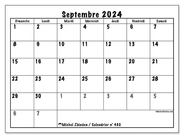 Calendrier n° 480 pour septembre 2024 à imprimer gratuit. Semaine : Dimanche à samedi.