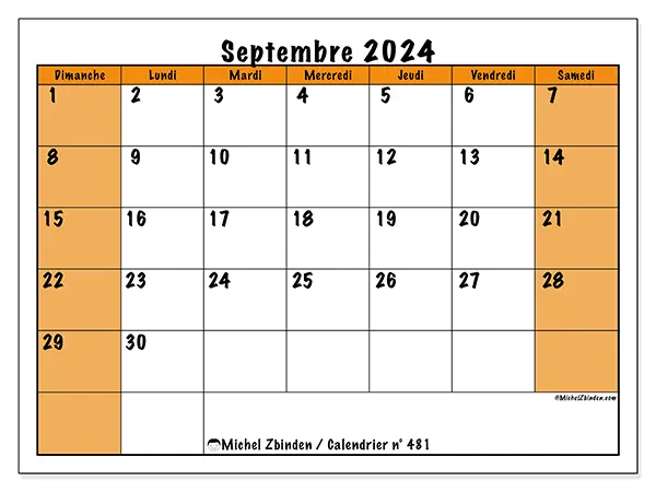 Calendrier n° 481 pour septembre 2024 à imprimer gratuit. Semaine : Dimanche à samedi.