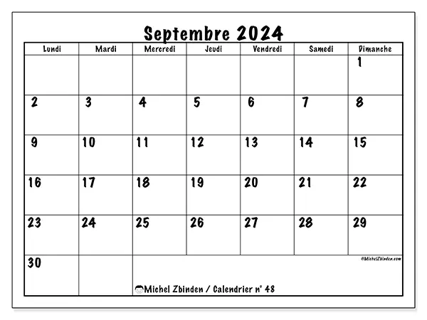 Calendrier n° 48 pour septembre 2024 à imprimer gratuit. Semaine : Lundi à dimanche.
