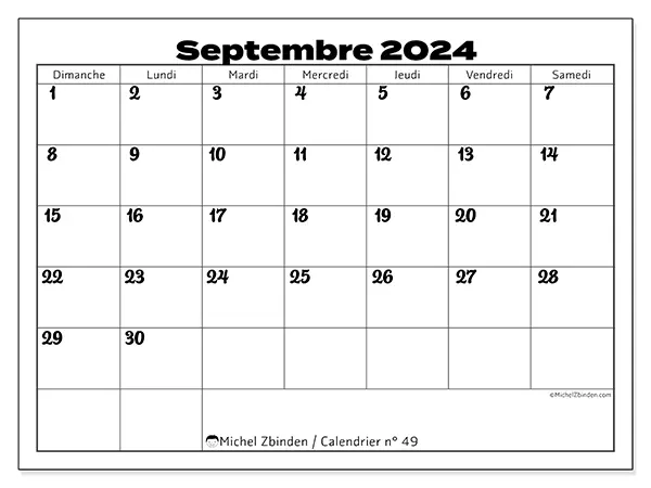Calendrier n° 49 pour septembre 2024 à imprimer gratuit. Semaine : Dimanche à samedi.