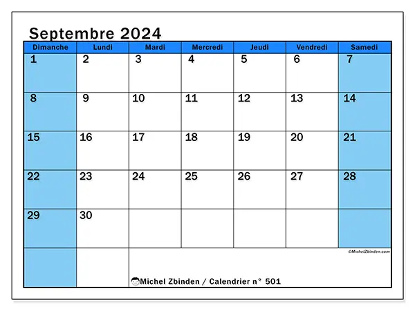 Calendrier n° 501 pour septembre 2024 à imprimer gratuit. Semaine : Dimanche à samedi.