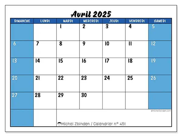 Calendrier n° 451 pour avril 2025 à imprimer gratuit. Semaine : Dimanche à samedi.