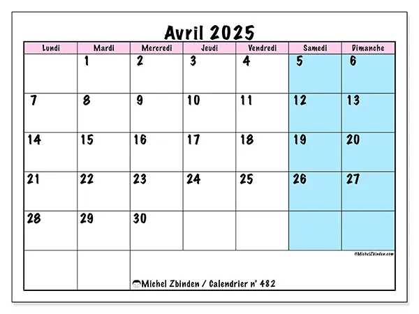 Calendrier à imprimer n° 482, avril 2025