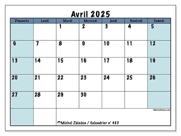 Calendrier n° 483 pour avril 2025 à imprimer gratuit. Semaine : Dimanche à samedi.