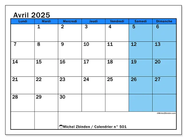 Calendrier n° 501 pour avril 2025 à imprimer gratuit. Semaine : Lundi à dimanche.