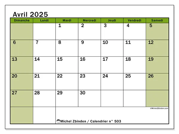 Calendrier n° 503 pour avril 2025 à imprimer gratuit. Semaine : Dimanche à samedi.