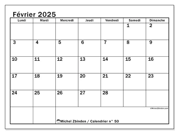 Calendrier à imprimer n° 50, février 2025