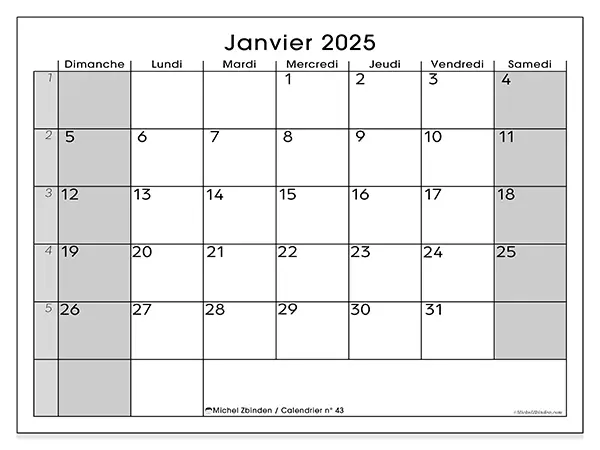Calendrier n° 43 pour janvier 2025 à imprimer gratuit. Semaine : Dimanche à samedi.