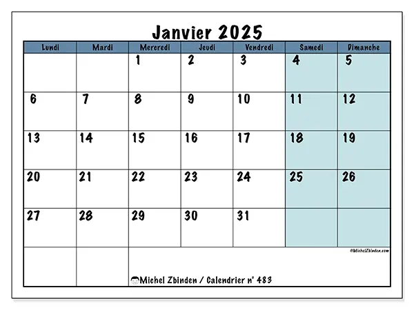 Calendrier n° 483 pour janvier 2025 à imprimer gratuit. Semaine : Lundi à dimanche.