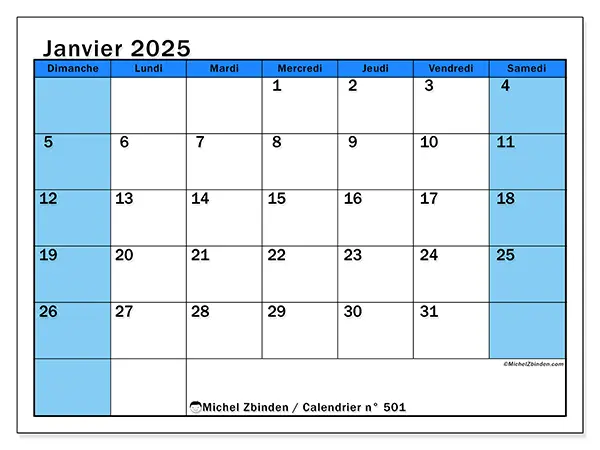 Calendrier n° 501 pour janvier 2025 à imprimer gratuit. Semaine : Dimanche à samedi.