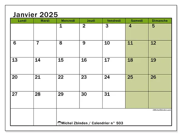Calendrier n° 503 pour janvier 2025 à imprimer gratuit. Semaine : Lundi à dimanche.