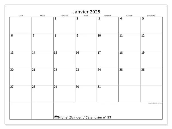 Calendrier n° 53 pour janvier 2025 à imprimer gratuit. Semaine : Lundi à dimanche.