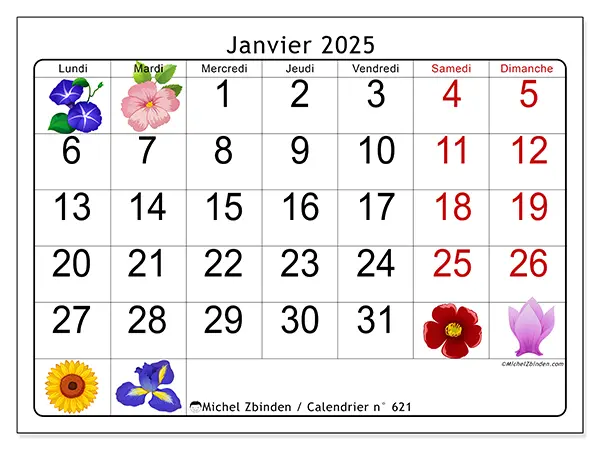 Calendrier à imprimer n° 621, janvier 2025