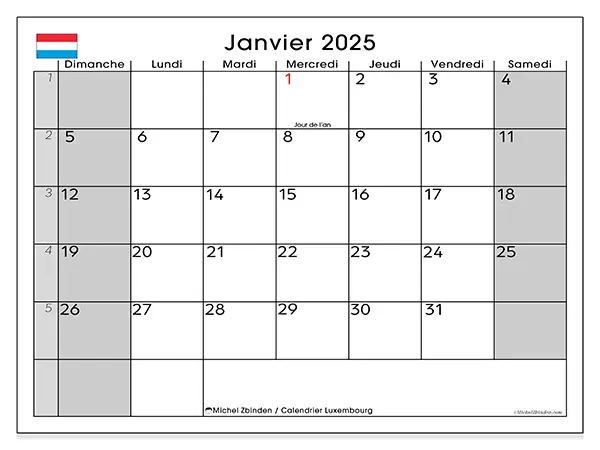 Calendrier Luxembourg pour janvier 2025 à imprimer gratuit. Semaine : Dimanche à samedi.
