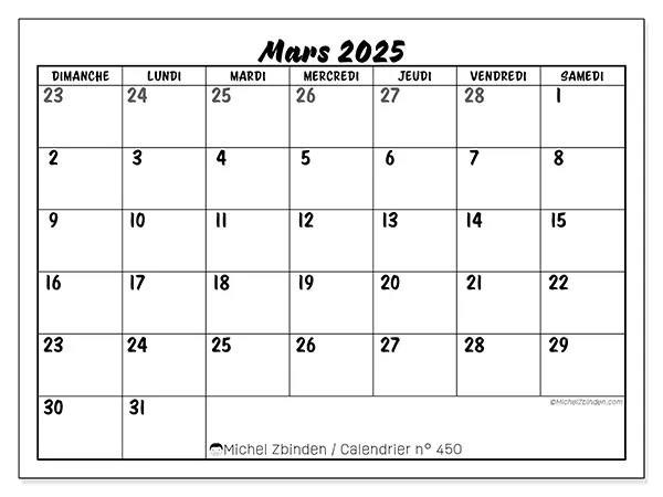 Calendrier à imprimer n° 450, mars 2025