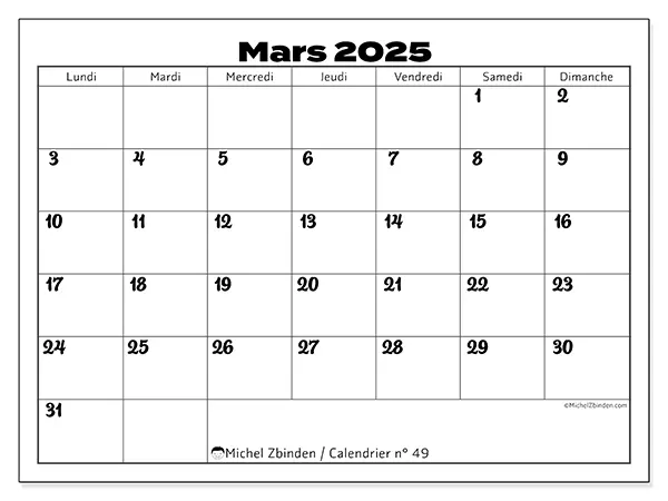 Calendrier à imprimer n° 49, mars 2025