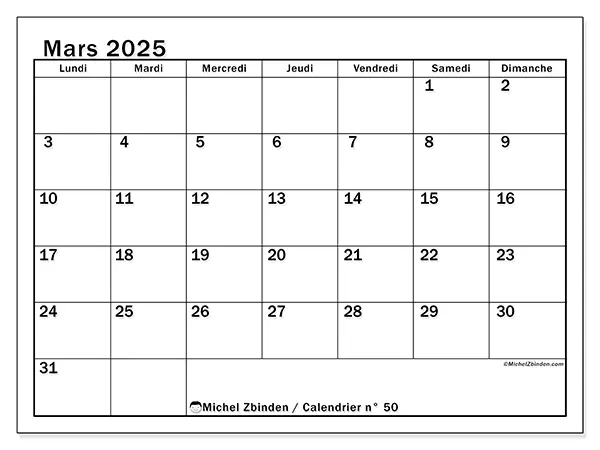 Calendrier mars 2025 50LD