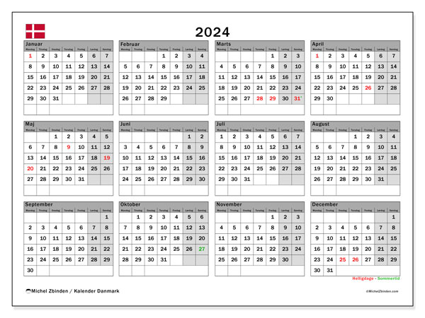 Kalender 2024 “Danmark”. Gratis program til print.. Mandag til søndag