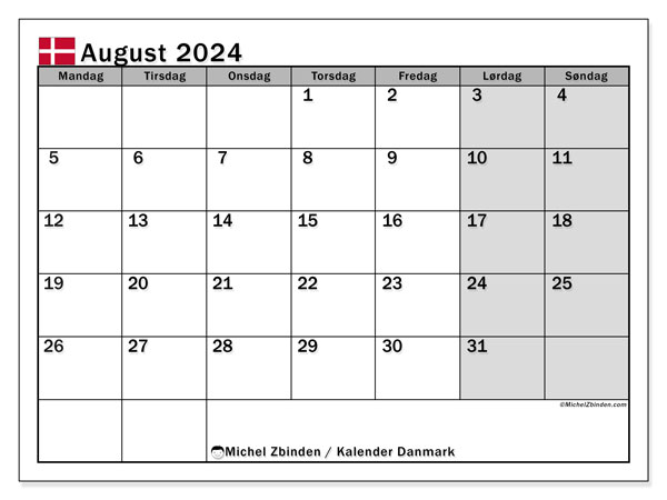 Calendario agosto 2024, Danimarca (DA). Calendario da stampare gratuito.